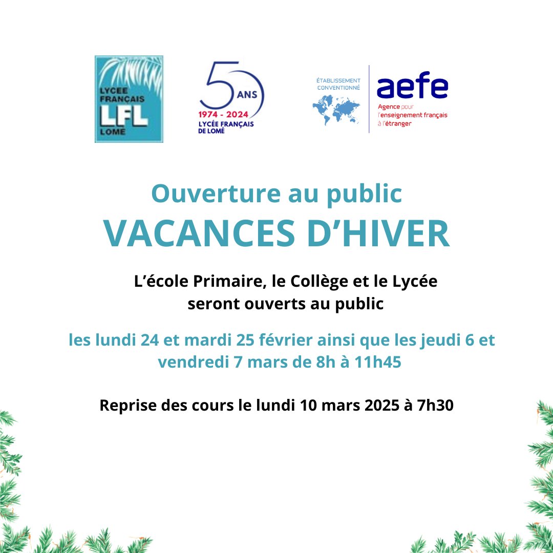 lfl_tg's tweet photo. VACANCES D’HIVER
Le @lfl_tg sera ouvert au public les lundis 24 et mardi 25 février puis les jeudi 6 et vendredi 7 mars de 8h à 11h45
𝐋𝐚 𝐫𝐞𝐩𝐫𝐢𝐬𝐞 𝐝𝐞𝐬 𝐜𝐨𝐮𝐫𝐬 𝐞𝐬𝐭 𝐩𝐫𝐞́𝐯𝐮𝐞 𝐥𝐞 𝐥𝐮𝐧𝐝𝐢 𝟏𝟎 𝐦𝐚𝐫𝐬 𝐚̀ 𝟕𝐡𝟑𝟎
#Inscriptions2025 #JournéesPortesOuvertes https://t.co/t5P66TdjHD