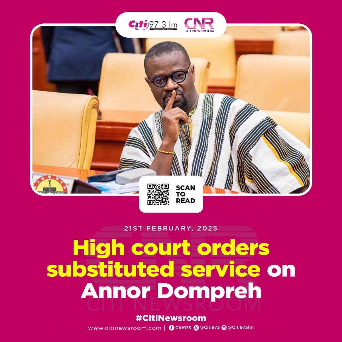 A Koforidua High Court has granted an order for substituted service, directing that a writ of summons be served on the 1st respondent, Frank Annor Dompreh, through various public channels. #CitiNewsroom