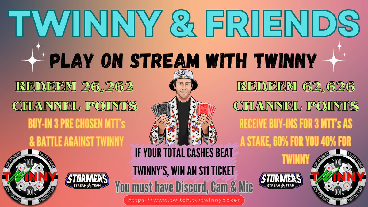 TwinnyPoker's tweet image. We are Live with 'Twinny v Friends' Stream
We will be up against @MichaelDelgais where he will have the chance to Win an $11 ticket, a bundle of Cash and bragging rights.
@ACR_POKER @ACRStormers
#Flips
rumble.com/c/c-2329344
youtube.com/@TwinnyPoker
twitch.tv/twinnypoker