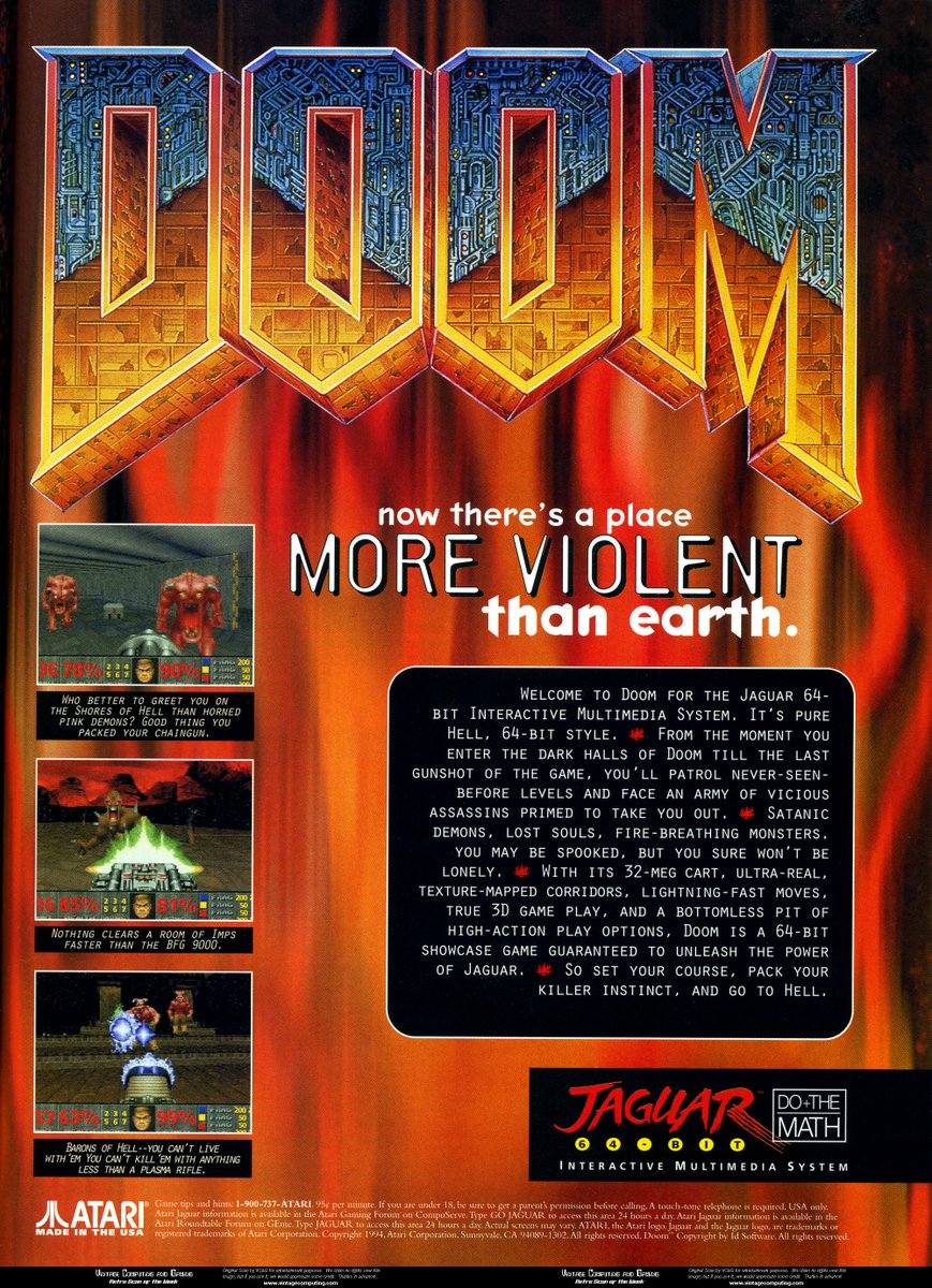 RetroGameBoss's tweet photo. Random Retro Game #621
DOOM hit the Atari Jaguar in 1994. A powerhouse port & best console release by far. The engine utilized the Jag's 5 processors onboard 3 separate chips to full effect, creating a helluva ride! The results are loud & clear 🔥
#FebrAtari #DOOM #retrogaming https://t.co/soHqqRP0jo