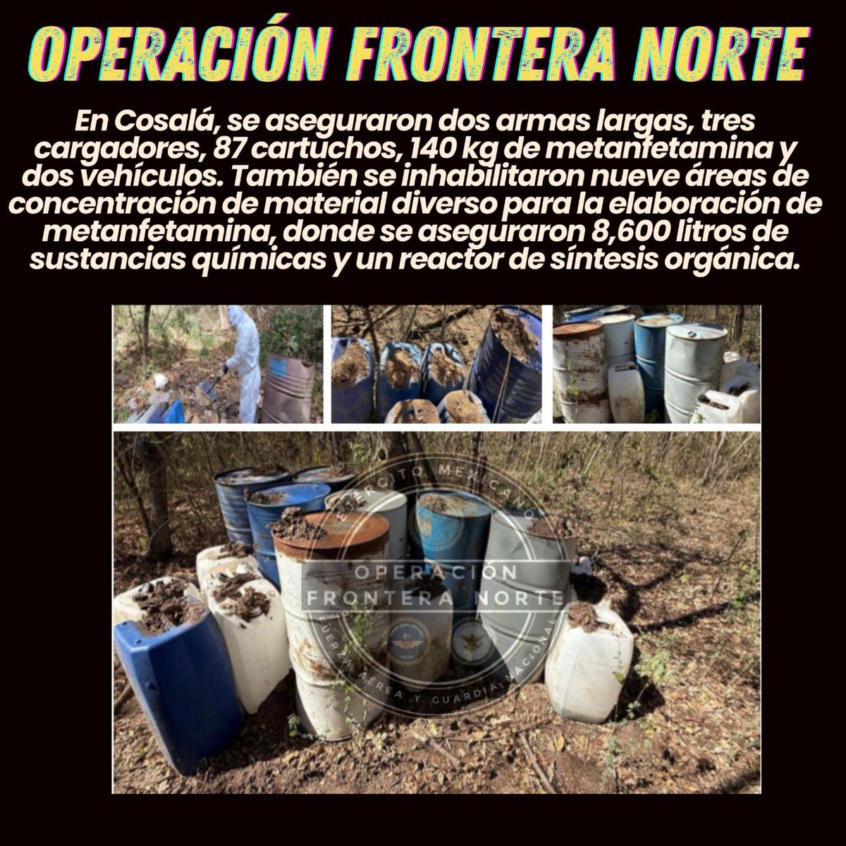 aGnt3Just_GN's tweet photo. 🚨 #OperaciónFronteraNorte
En Cosalá se aseguraron:
🔹 2 ARMS
🔹 CARGADORES
🔹 CARTUCHS
🔹 140 KGS. DE METANFETAMINAS
¡Un paso más en la lucha por la seguridad! 🙌
#SeguridadParaTodos #México #LuchaContraElCrimen #Culiacán #Sinaloa #Justicia #ÚltimaHora #Entrate #Cosala https://t.co/mRs2ekc7bW
