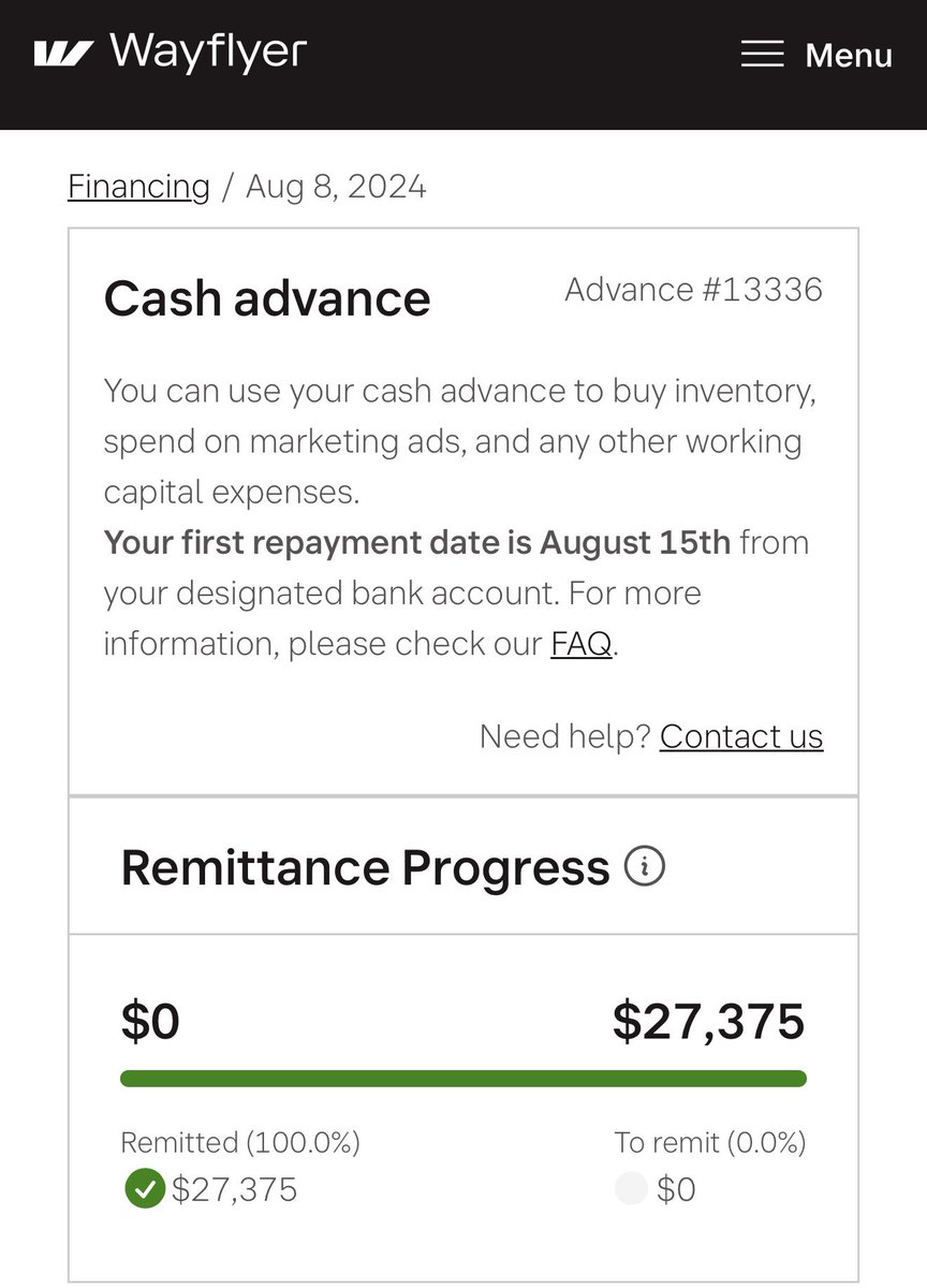 Paid off my 25k loan from <a href="/wayflyerapp/">Wayflyer</a> last month. I’d have to say 10/10 experience and my brand would not have grown like it did without their help. Weekly remittance was capped at $1k so I wasn’t losing my cash unlike Shopify loans where they take a percentage of sales no