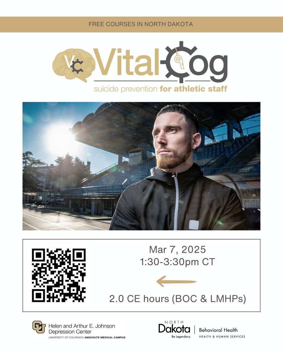 DrErinHaugen's tweet photo. ATs &amp; LMHPs in ND, join us for our next suicide prevention course focused on student-athletes!

🗓️ March 7, 2025 from 1:30pm to 3:30pm CT
❌ NOT recorded
✅ 2.0 CE credits (BOC, NDBSWE, NDBCE, NDBACE)

🔗 https://t.co/UXMXz4sXR7 https://t.co/TVFRSFf7tg