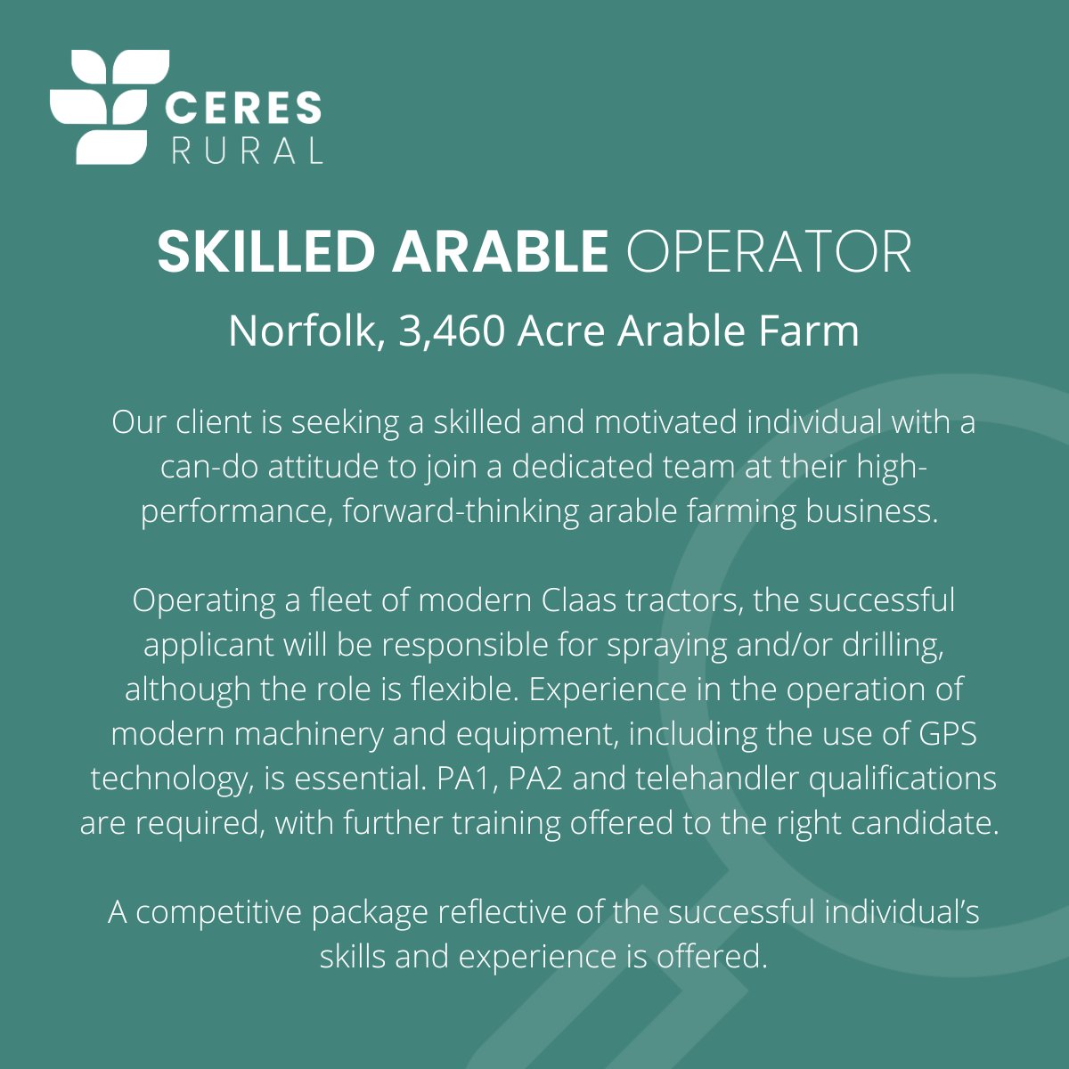 ceresrural's tweet image. Our client is looking for an experienced #arableoperator to work for their farm business located in West Norfolk. Please apply with your covering letter &amp;amp; CV to Jason.cantrill@ceresrural.co.uk, or call 07592 041506 for more info. 

#farming #ceresrural #ruralrecruitment