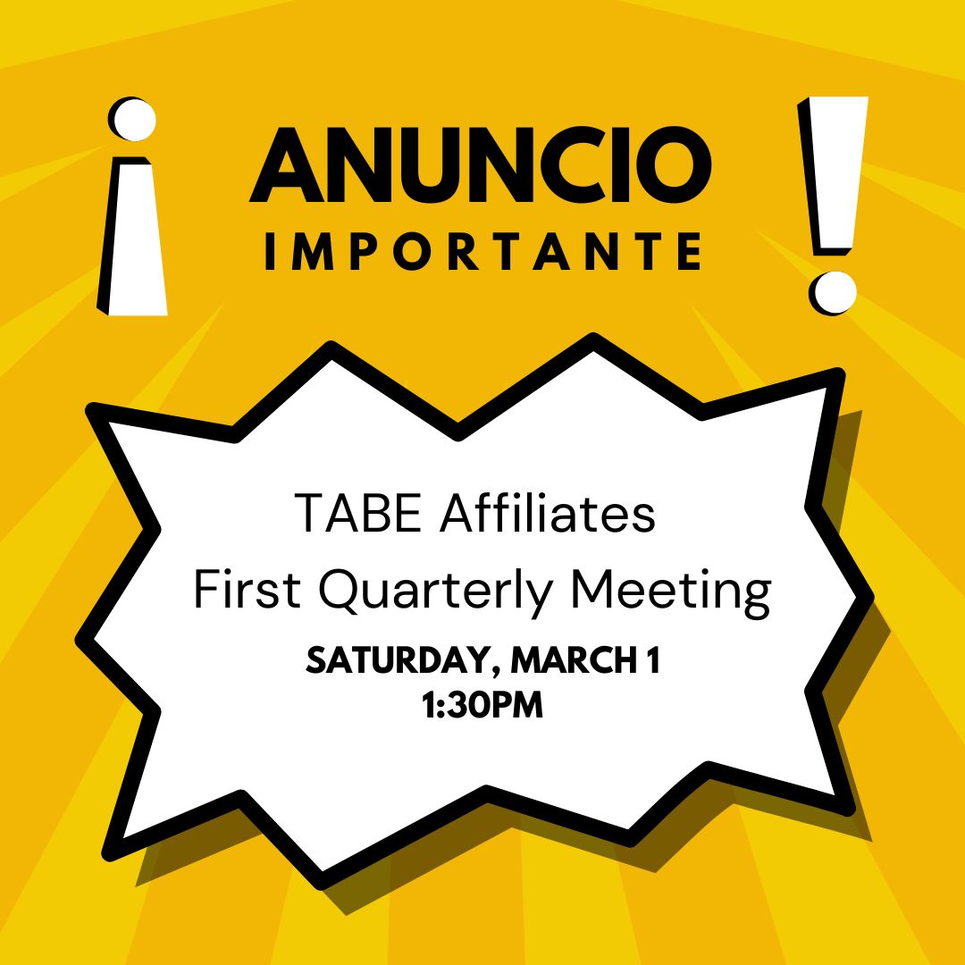 📢 Calling all #TABEAffiliates on this #AffiliateFriday! Our first quarterly meeting is set for 03/01/25 at 1:30 PM. 📅📢 TABE Affiliate Presidents, check your inbox for details. We can't wait to connect and collaborate with you! See you there! 👥✨
