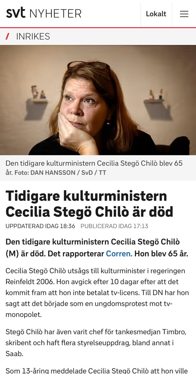 Beklagar nyheten om den tidigare kulturministerns bortgång. Cecilia Stegö Chilò hade under kort tid ett av de finaste uppdrag man kan ha i svensk politik, men också ett av de tuffaste.
