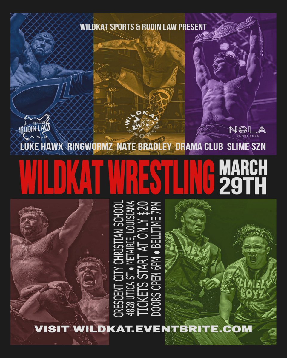 🚨 Tickets available now for WildKat Wrestling March 29th! 

<a href="/WildKatSports/">WildKat Sports</a> returns LIVE Saturday, March 29th to Crescent City in Metairie, LA! Visit WILDKAT.EVENTBRITE.COM 

Doors open at 6pm with Belltime of 7pm

Tickets start at only $20! Don't miss it!