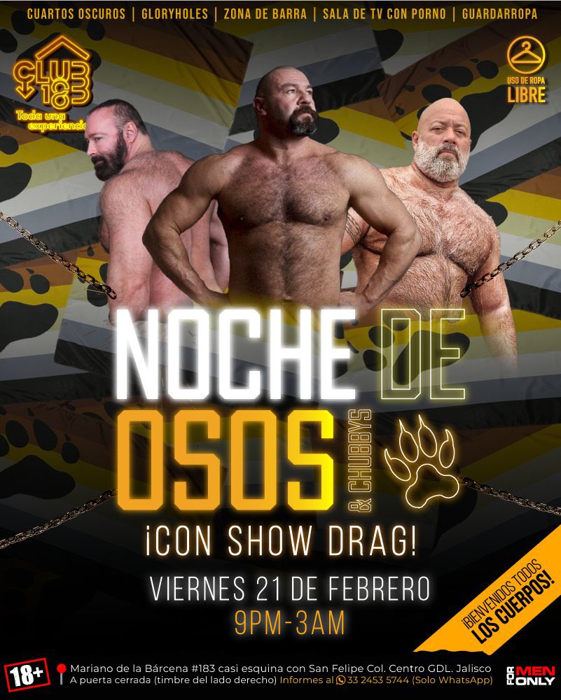 VIERNES 21 | NOCHE DE OSOS 🐻 &amp; CHUBBYS
👉🏼ES HOY‼️‼️ disfruta de una noche donde osos de Guadajara y alrededores se reunen para conocer y coger en #club183😈🔥
🎤 Show drag en el escenario!
⏰ 9pm a 3am
🩲 Uso de ropa LIBRE
¡Todos los cuerpos bienvenidos!✨
#ososgdl