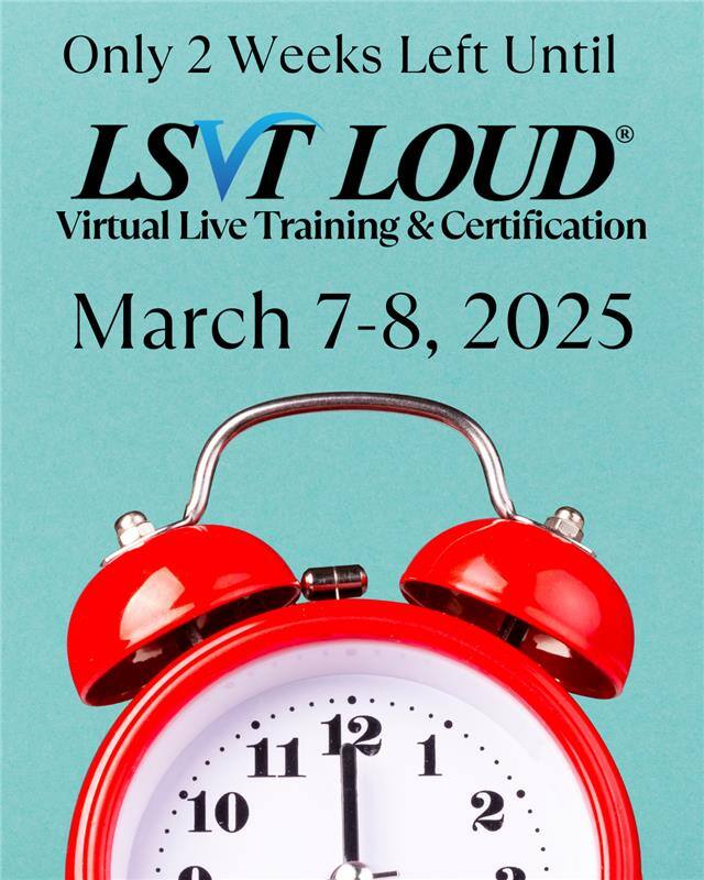 Don't miss out! The #LSVTLOUD certification course on March 7-8 is just two weeks away! 🗣️ Join us to master voice/speech treatment techniques for for adults and children with motor speech disorders and Parkinson's. 🧠💪 Register today! #ParkinsonsVoice #ParkinsonsVoiceExercises