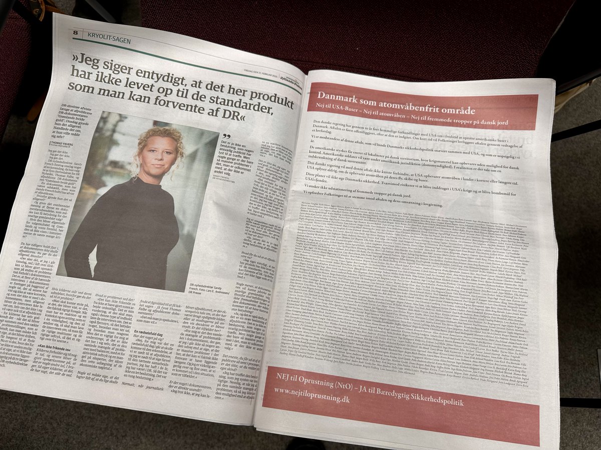 suspossing's tweet photo. NEJ til Oprustning - JA til Bæredygtig Sikkerhedspolitik i Politiken og Jyllands-Posten i anledning af, at den danske regering i hemmelighed har indgået en aftale med USA om at oprette militære baser i Danmark. Folketinget skal tage stilling i marts. Det bør blive nej til aftalen https://t.co/lvSFc3Cxg7