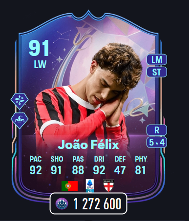 🚨 Joao Felix SBC costs 1.27M

✅ Trickster+
✅ Technical+ 
✅ PowerShot
✅ Pinged Pass
✅ Rapid
✅ Flair
✅ First Touch 
✅LM &amp; LW = Inside Forward++
✅ ST = Target Forward++ 

Completing? #FC25