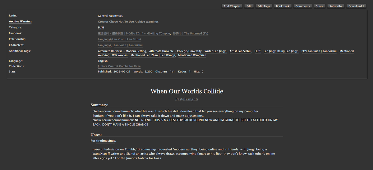 Lana 🦊 (@valiiidus) on Twitter photo When Our Worlds Collide
- Lan Jingyi/Lan Sizhui
-Modern AU
-Fanfic writer LJY and Fanartist LSZ
- <a href="/JuniorsAction/">Juniors quartet action| donations closed!</a>
- 🔗below When Our Worlds Collide
- Lan Jingyi/Lan Sizhui
-Modern AU
-Fanfic writer LJY and Fanartist LSZ
- <a href="/JuniorsAction/">Juniors quartet action| donations closed!</a>
- 🔗below