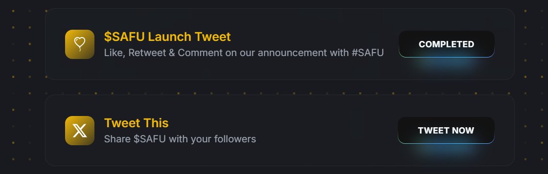 🚀 New Tasks Added to the $SAFU Airdrop! 🛡️💰

More ways to earn FREE $SAFU! 🎉 New tasks have been added complete them all and don’t miss your rewards!

🔹 How to Maximize Your Airdrop?
✅ Complete ALL tasks on safutoken.fun/airdrop
✅ Invite your friends to earn even more!