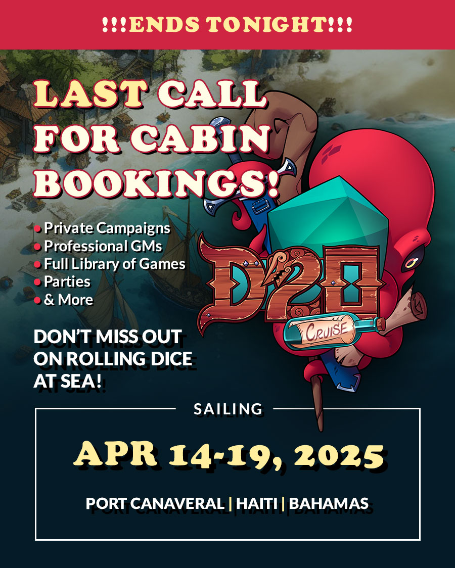 🚨 Last Chance! 🚨 Cabin bookings for the D20 Cruise close TONIGHT! Don’t miss your shot at an epic RPG adventure at sea! 🌊🎲 Book now before it’s too late! ⏳ - mailchi.mp/event.cruises/…