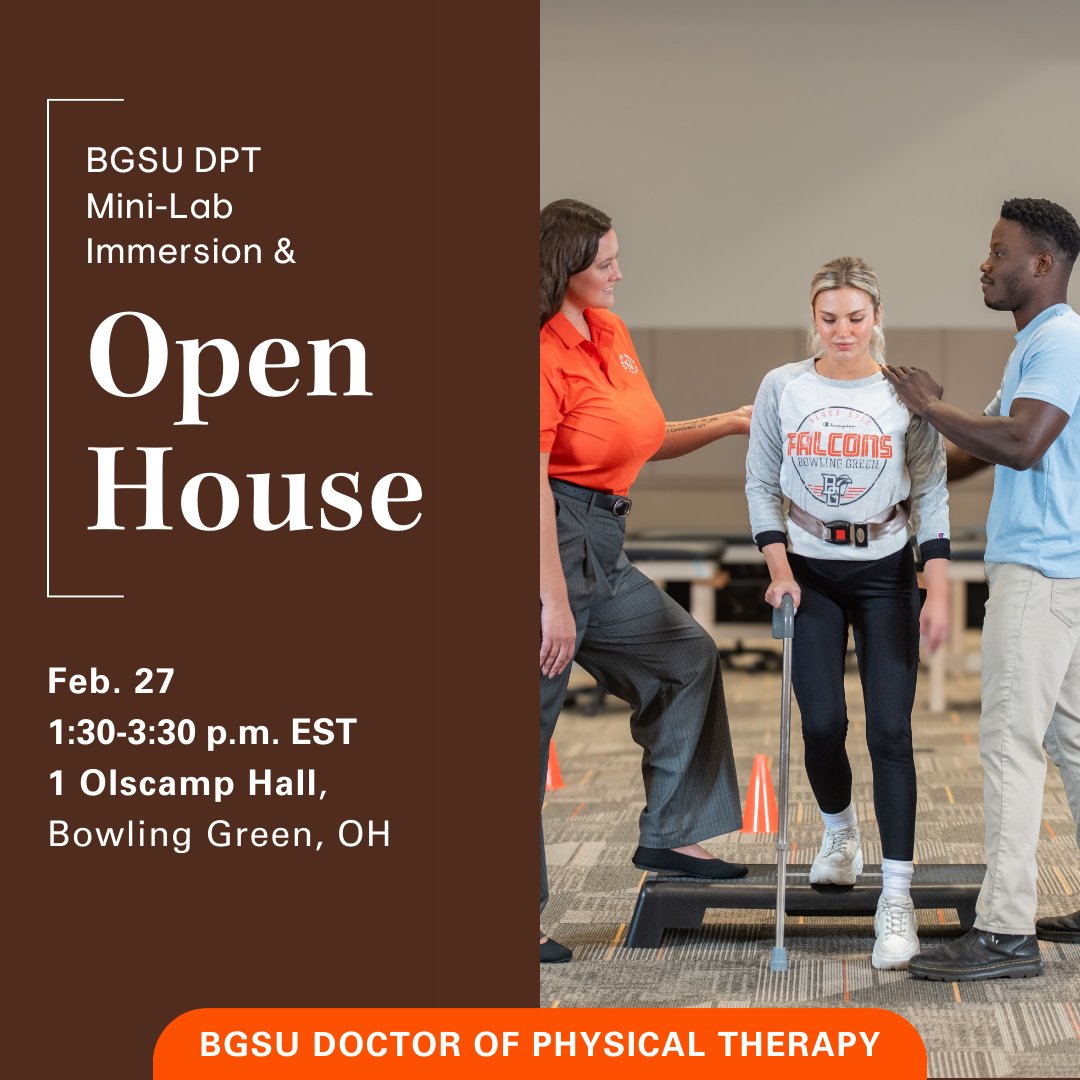 bgsudpt's tweet image. Next week’s open house is a chance to take a firsthand look at a #BGSUDPT lab immersion, explore campus and meet current Falcons! 

Register here bit.ly/4h7NxFh #FuturePT #BGSU #DPT