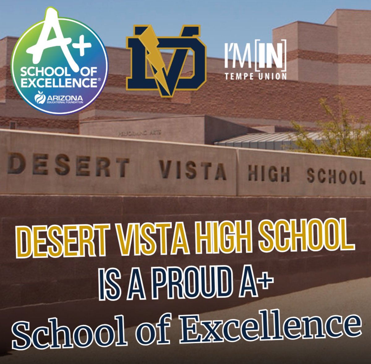 Desert Vista Athletics (@thedvway) on Twitter photo Rated an A school by ADE and now A+ by AEF! Now that’s WINNING with Excellence Through Performance! Go Thunder! 💙⚡️💛 <a href="/TUHSD_News/">TUHSD News</a> <a href="/DVHS_TUHSD/">Desert Vista High School</a> <a href="/DV_Principal/">Principal White</a> Rated an A school by ADE and now A+ by AEF! Now that’s WINNING with Excellence Through Performance! Go Thunder! 💙⚡️💛 <a href="/TUHSD_News/">TUHSD News</a> <a href="/DVHS_TUHSD/">Desert Vista High School</a> <a href="/DV_Principal/">Principal White</a>