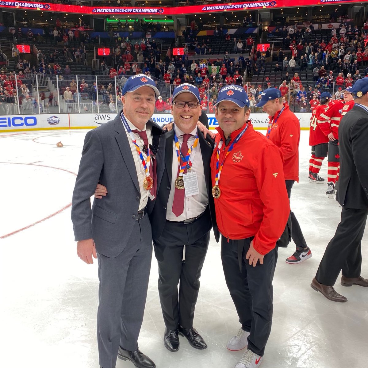 NHLFlames's tweet image. Congrats to #Flames staff Dr. Ian Auld (Team Physician), Sean Kelso (Media Relations) and Kent Kobelka (Athletic Therapist) on winning gold with 🇨🇦 at the #4Nations Face-Off!