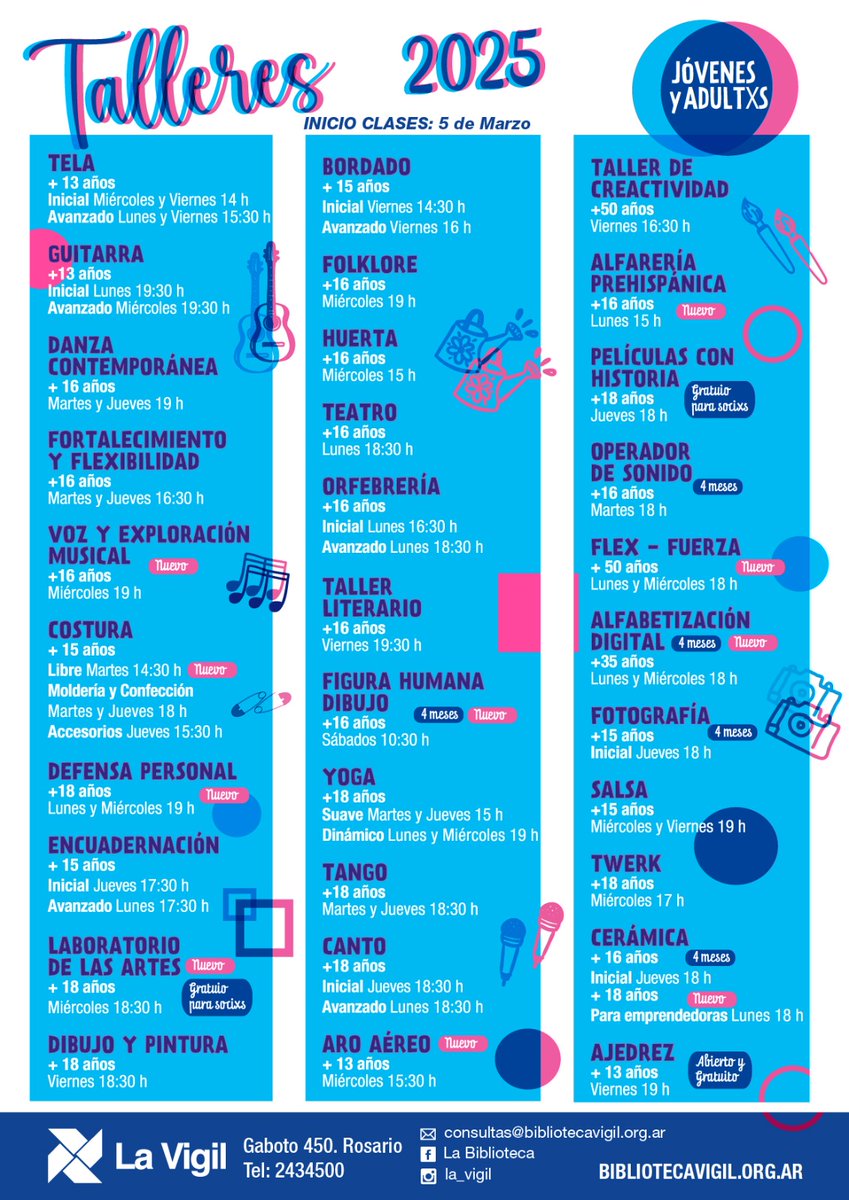 ► ¿Esto es real? ¿Veo doble o se multiplicaron los talleres? 📷
¡Ya está la grilla 2025 de TALLERES PARA JÓVENES Y ADULTXS! (+13 años)
Para información y descripción de cada taller entrá a nuestra web! bibliotecavigil.org.ar/inicio/tallere…