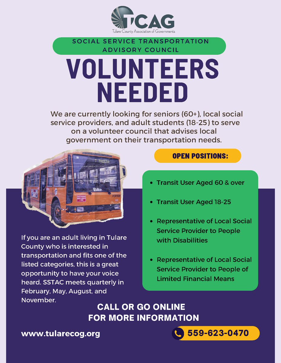 📷 Get Involved in Your Community! 📷
TCAG is looking for Tulare County residents to serve on its Social Services Transportation Advisory Council!
For More Information
📷TCAGinfo@tularecag.ca.gov
📷559.623.0470
📷tularecog.org
#TulareCounty #TCAG #Transportation