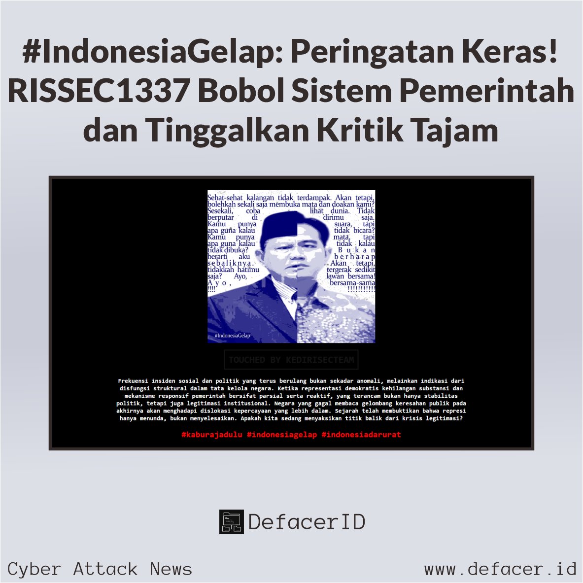 #IndonesiaGelap: Peringatan Keras! RISSEC1337 Bobol Sistem Pemerintah dan Tinggalkan Kritik Tajam

Read more: news.defacer.id/indonesiagelap…
Telegram: t.me/CyberAttackArc…