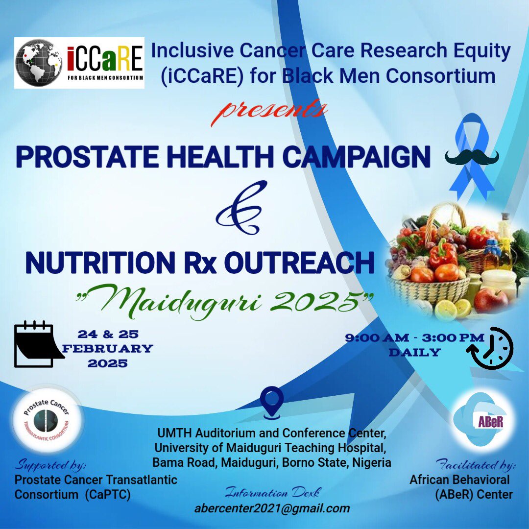 ABeR_center's tweet photo. It’s Maiduguri Outreach 2025, 
Join us for Prostate Health Campaign &amp; Nutrition Rx Outreach Program

📆Feb 24-25, 2025

⏰9:00 AM - 3:00 PM Daily

📍University of Maiduguri Teaching Hospital

@DrOdedina @cathbadejo1 @AdedoyinWilli @nijitoye @CaPTC7 @iCCaRE4BlackMen @olowo_olaobi https://t.co/K2Z2tBzHfK