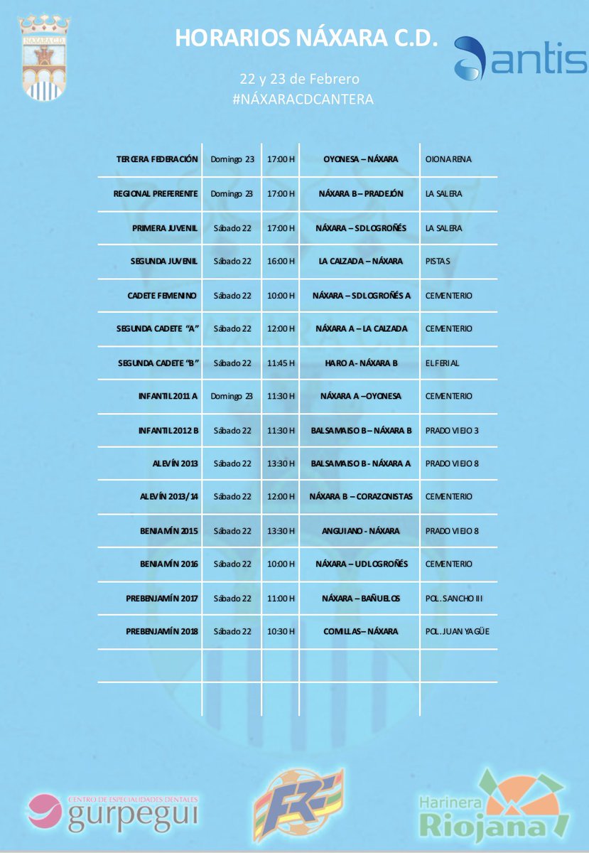 ⚽️ PARTIDOS NÁXARA C.D. ⚽️

Horarios del fin de semana 22 y 23 de Febrero.

#AúpaNáxara #SoyDelNáxara
