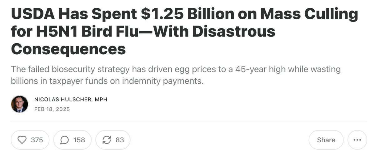 The Vigilant Fox 🦊 (@vigilantfox) on Twitter photo Read the full report via <a href="/NicHulscher/">Nicolas Hulscher, MPH</a>:
USDA Has Spent $1.25 Billion on Mass Culling for H5N1 Bird Flu—With Disastrous Consequences
thefocalpoints.com/p/usda-has-spe… Read the full report via <a href="/NicHulscher/">Nicolas Hulscher, MPH</a>:
USDA Has Spent $1.25 Billion on Mass Culling for H5N1 Bird Flu—With Disastrous Consequences
thefocalpoints.com/p/usda-has-spe…