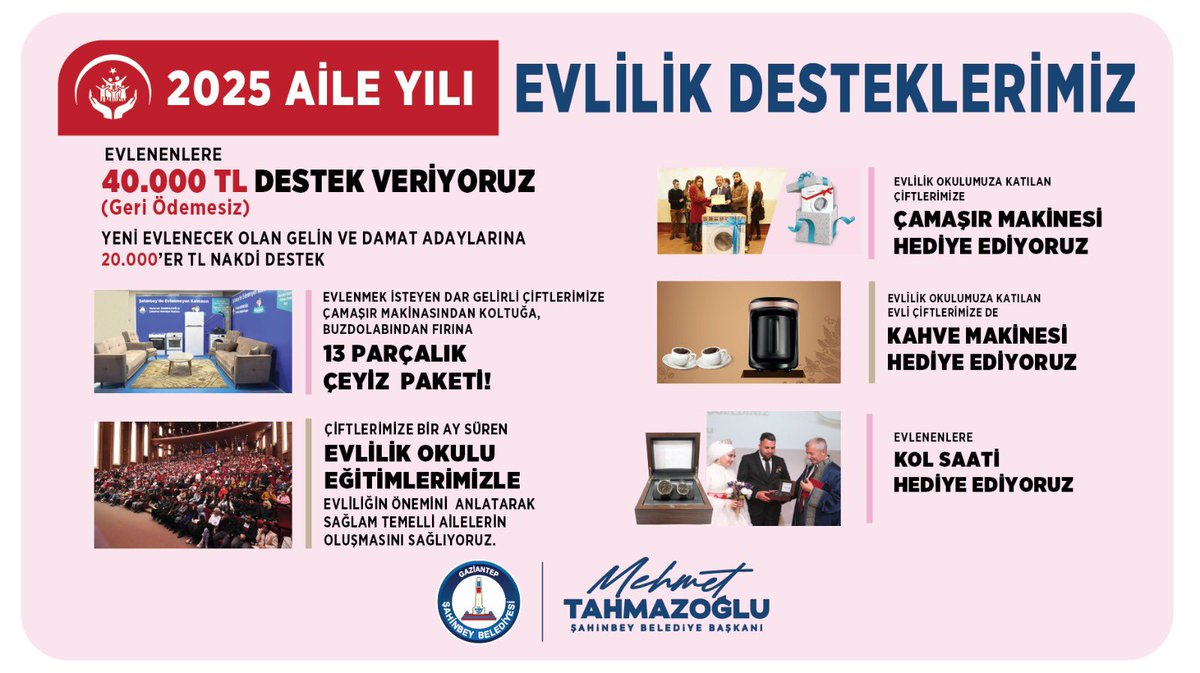 ‘Aile Yılı’ gençlerimizin yılı olacak!

Şahinbey’de evlenecek çiftlerimize desteğimizi artırarak, güçlü ve huzurlu yuvalar kurmalarına katkı sağlıyoruz.

Birlikte daha güçlü bir aile, daha güçlü bir toplum!

#Şahinbey #Gaziantep