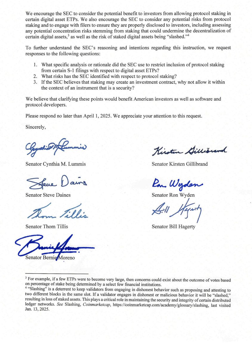 SenLummis's tweet photo. Digital assets are the future. The U.S. can either pave the way or fall behind.

I lead my colleagues to seek clarification from the SEC on digital asset ETP staking restrictions to make U.S. asset managers competitive in the global market. ⬇️ https://t.co/Fk8RjaB8LC