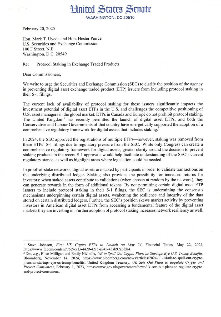 SenLummis's tweet photo. Digital assets are the future. The U.S. can either pave the way or fall behind.

I lead my colleagues to seek clarification from the SEC on digital asset ETP staking restrictions to make U.S. asset managers competitive in the global market. ⬇️ https://t.co/Fk8RjaB8LC