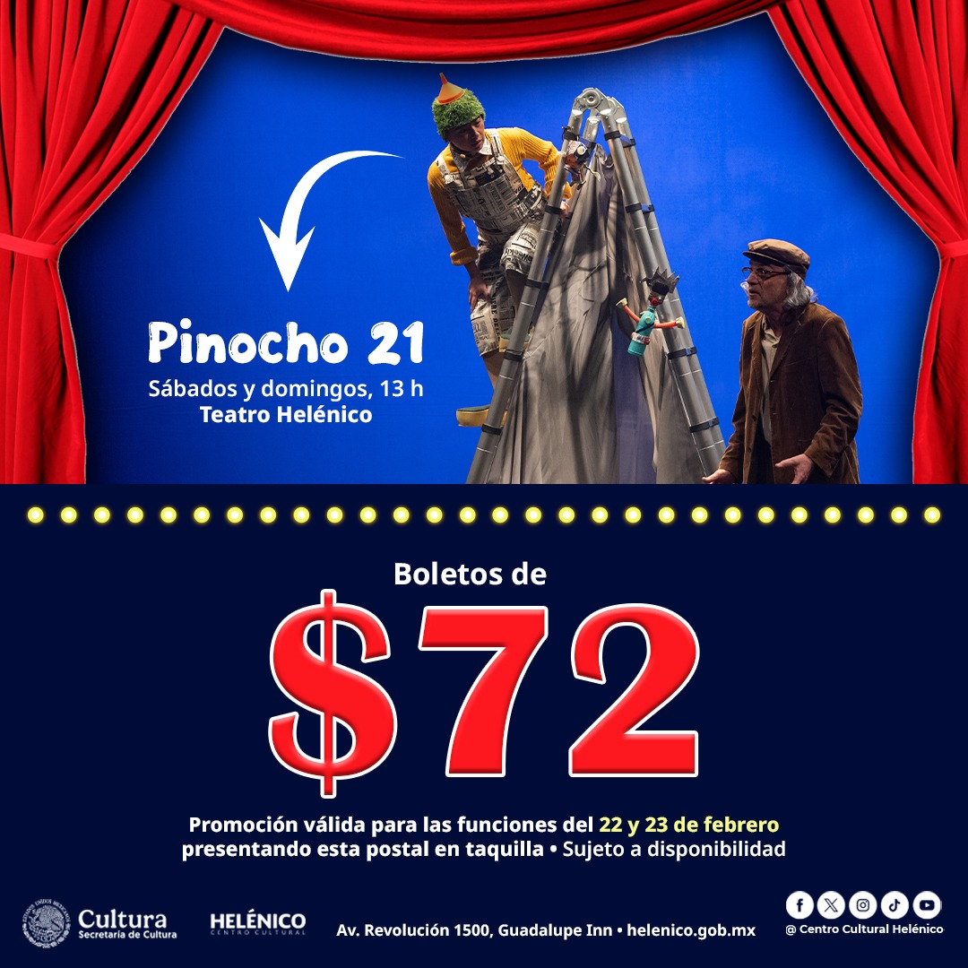 🎭👃❤️Ven a conocer con los más jóvenes y no tanto, esta versión contemporánea de "Pinocho 21" y averigua porque están hablando de ella. Se presenta todos los sábados y domingos a las 13:00 horas en el Teatro Helénico.

¡Aquí una promoción especial para toda la familia!