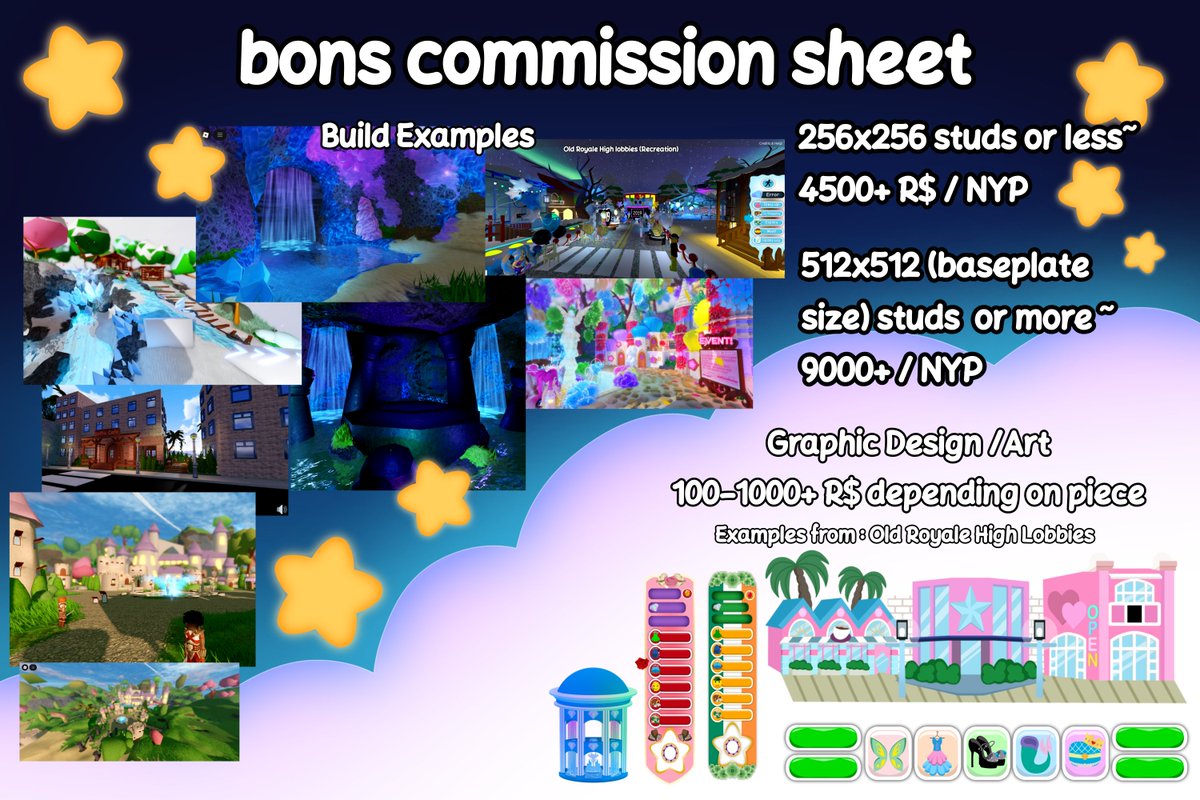 ⭐I'm opening Roblox Studio Commissions⭐
I am opening 3 slots! I will reply under this post if they are all taken
~~~
I wouldn't say I'm the fastest builder😁
I would need inspo for what you're going for
Prices may go up later in later posts
DM ME IF INTERESTED