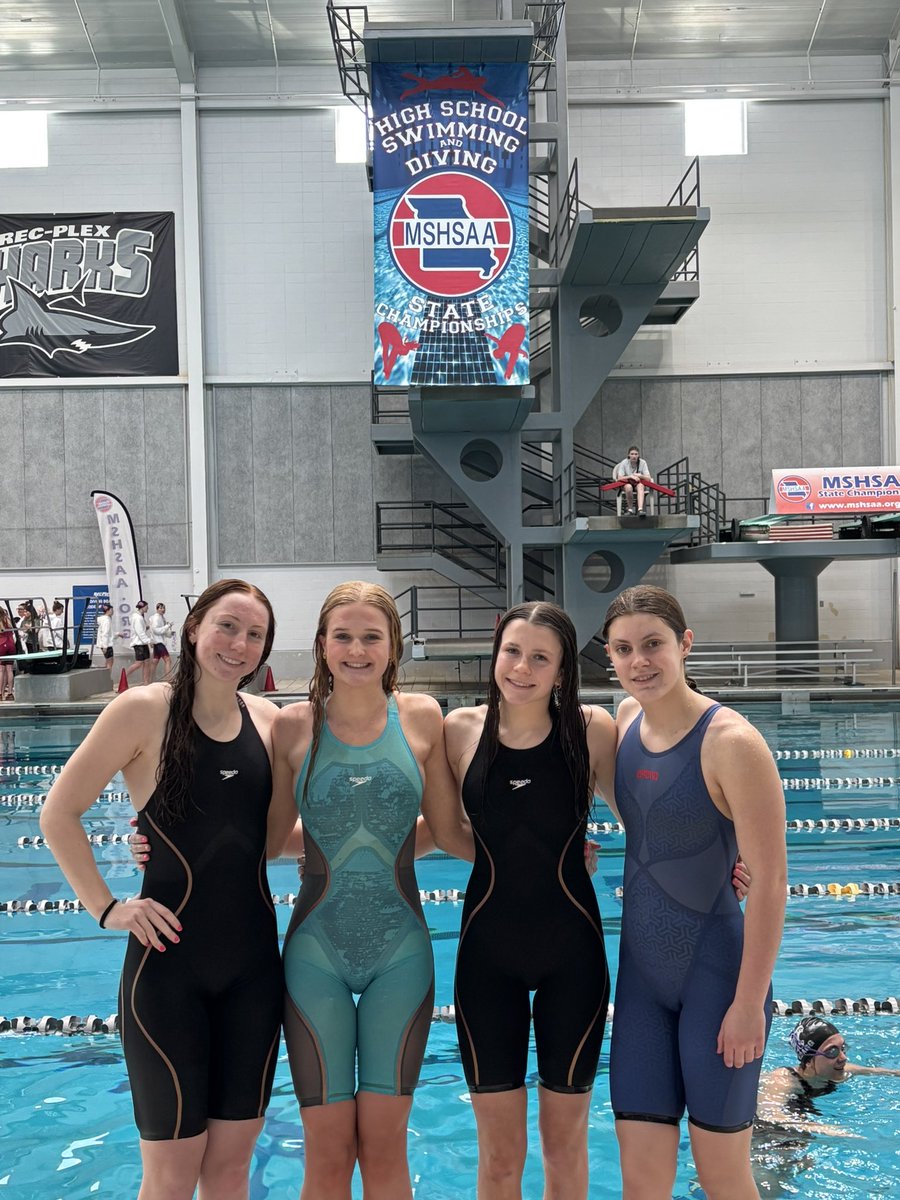 These four girls teamed up to swim another season best time in the 400 Free Relay to finish 10th. Ali Moran, Lauren Otte, Avree Melhus and Adrianna Hudnall!!