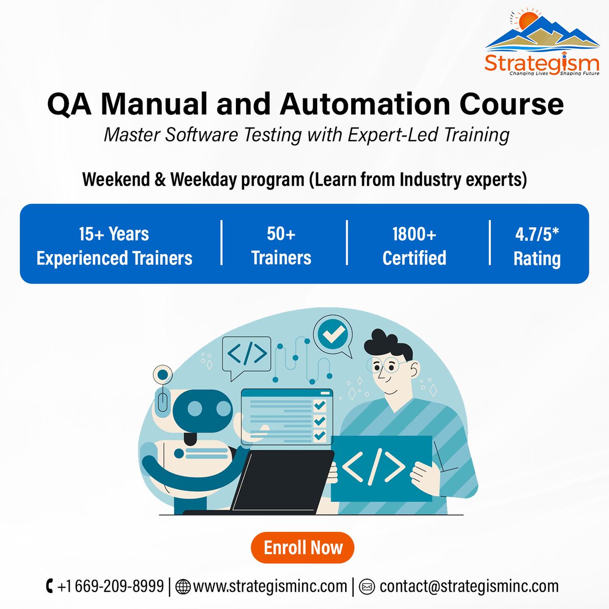 strategisminc's tweet image. This course covers the fundamentals of manual testing and test automation, equipping you with industry-standard tools and techniques to become a skilled QA professional. 

Learn more: shorturl.at/vUvQ4

:
#ManualTesting #QATraining #TestAutomation #Selenium #QAEngineer #USA