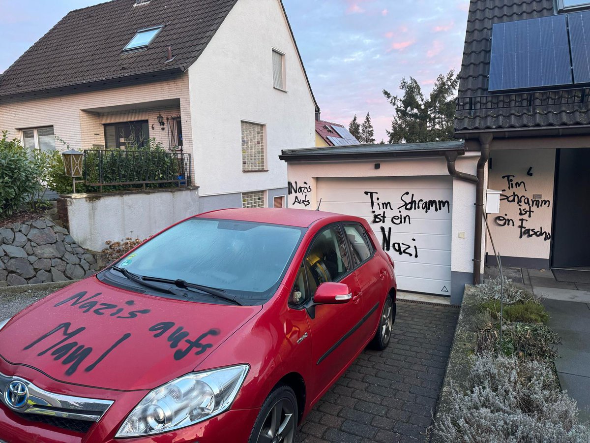 This is the sad truth about freedom of speech in Germany. The family home of Tim Schramm, a young campaigner for the AfD in Wuppertal, was vandalized overnight by state-funded and supported thugs. Everyday life in our 'democracy.' 
I thank <a href="/JDVance/">JD Vance</a>/<a href="/VP/">Vice President JD Vance</a> and <a href="/elonmusk/">Elon Musk</a> for their