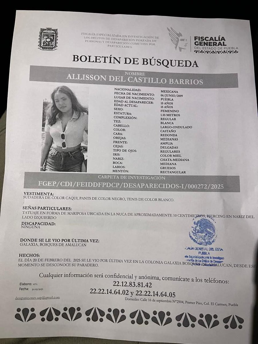 CurulPuebla's tweet photo. #LaHasVisto ⁉️ Se solicita su apoyo para localizar a Allison del Castillo Barrios de 15 años de edad, quien fue vista por última vez el 20 de Febrero de 2025 en Galaxia, Bosques de #Amalucan, #Puebla. Cualquier información, comuníquese al 2212838142 o al @911Puebla. #CurulPuebla https://t.co/slg1xpyW7b