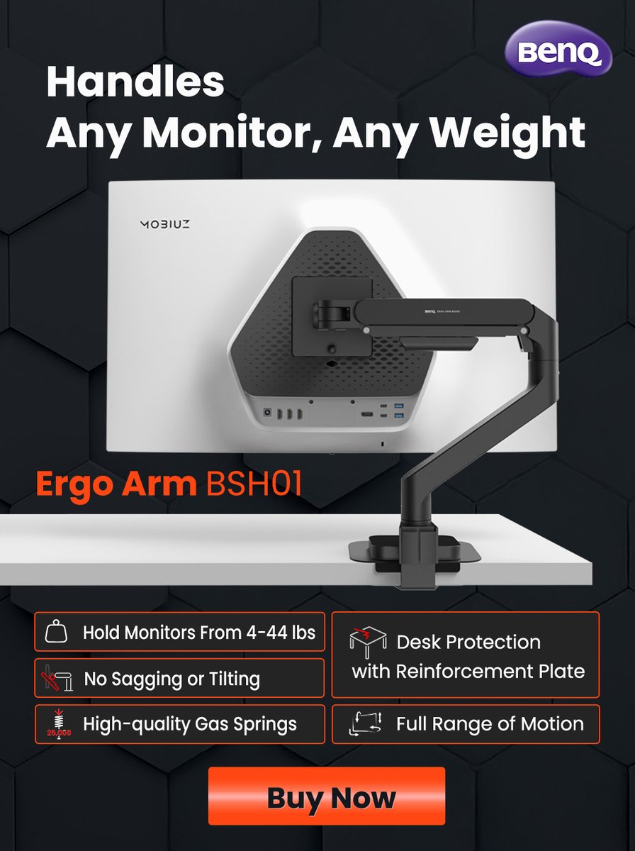 Introducing the all-in-one MOBIUZ Ergo Arm BSH01—your ultimate upgrade for a clean, streamlined gaming setup!

Maximize desk space with unrivaled flexibility, smart cord management, and a design built for seamless integration with your MOBIUZ monitor. Compatible with any VESA
