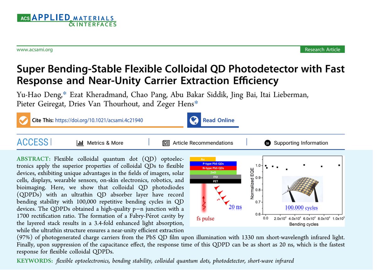 Our new work entitled “Super Bending-Stable Flexible Colloidal QD Photodetector with Fast
Response and Near-Unity Carrier Extraction Efficiency” is online.
Thanks everyone for supporting! 
pubs.acs.org/doi/10.1021/ac…