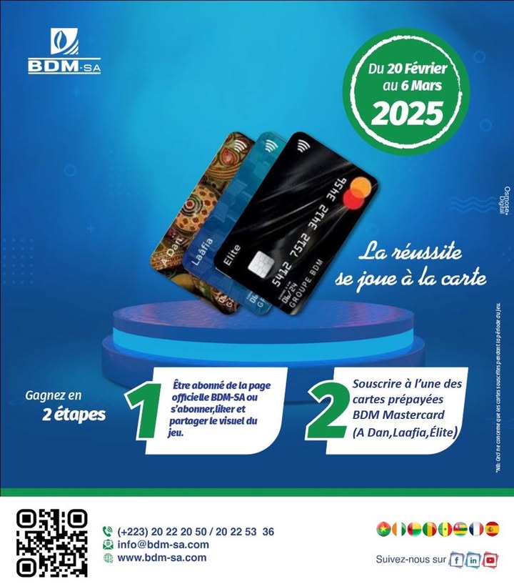Jeu#BDMSpécial08Mars 🎉
Célébrons les femmes ! 🎁 5 cadeaux de 100.000 FCFA à gagner !
🔹 Participe :
1️⃣ Suivre <a href="/BDMSA/">suraj bansal</a>, liker &amp; partager
2️⃣ Souscrire à une carte A Dan, Laafia, ou Élite
📅 Jusqu’au 6 mars 2025
📍 Réservé aux femmes