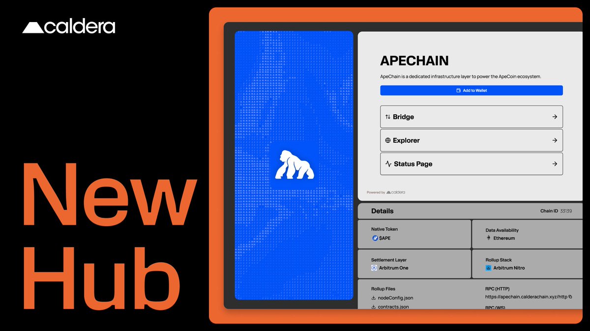 The ApeChain hub is live. Your gateway to aping. 🦍

apechain.hub.caldera.xyz