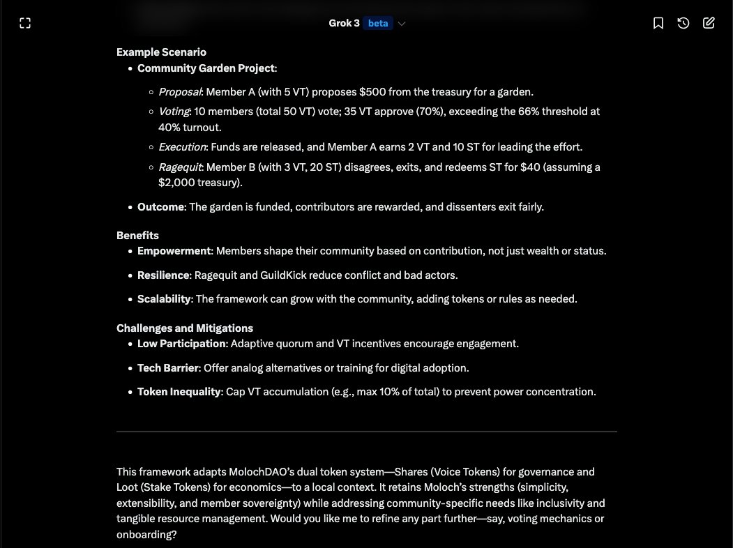 Do not pay for DAO Consulting; just GROK IT with <a href="/DAOhaus/">DAOhaus</a> &amp; Moloch Framework.

Of course, that main reference was the <a href="/ameensol/">Ameen Soleimani</a> 2020 tweet.

I kinda loved the idea of "Voice Tokens &amp; Stake Tokens"