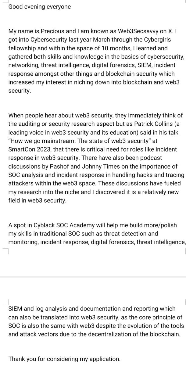 Web3Secsavvy's tweet photo. @Cyblackorg @Cyblackorg @brodaishola_ @Lizettle_ 

Good evening.  Network keeps kicking me out so here's my pitch.

Thank you https://t.co/TWditOkhWW