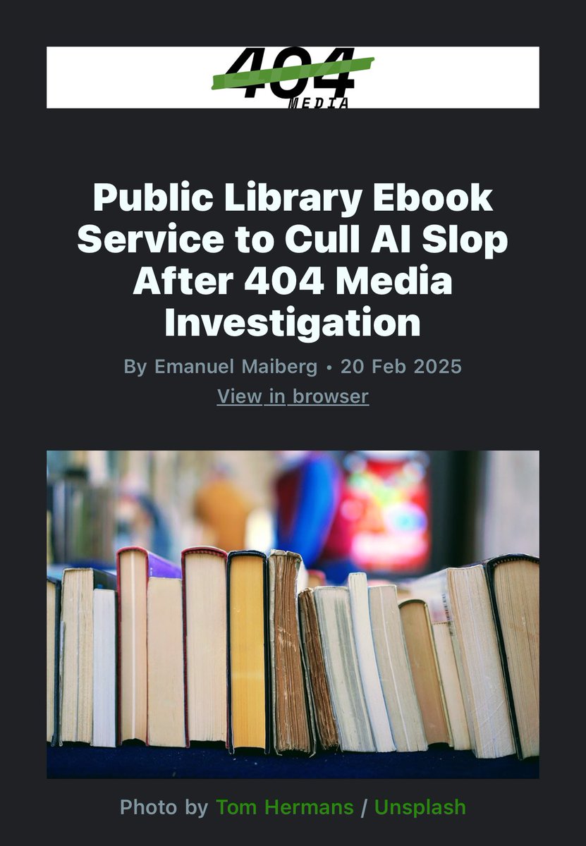 Skipvue's tweet photo. #404media new article about a library ebook service filtering out books that were written using AI. #amwriting #amediting #chatgpt 

Entire manuscripts are scanned by detecting software and rejected based on percentages. Big win for those of us who possess what it takes to put pen to paper.