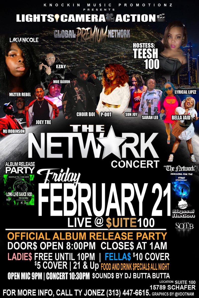 LIGHTS. CAMERA. ACTION! 🎬 The Network Concert: LIGHTS Camera Action is TONIGHT at Suite 100 (15789 Schaefer)! 🔥  Detroit's HOTTEST talent is ready to groove with YOU.  Be a STAR in our movie! 🤩 Doors open 8 PM (get there at 7!).  This is THE night you WON'T forget.  C U there