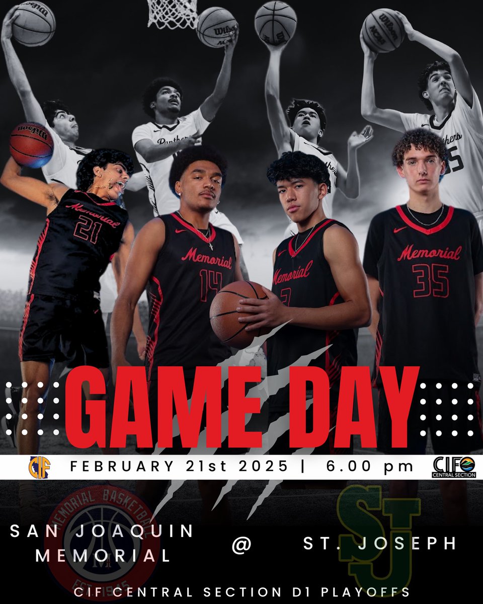 SJM Boys Basketball (@sjmbasketball1) on Twitter photo βΌοΈπ¨πΎ GAME DAY ALERT πΎπ¨βΌοΈ
The Panthers prepare for battle once again as we hit the road to take on a talented St. Joeβs team tonight, in the Semifinal game of the <a href="/CifCentral/">CIF Central Section</a> Basketball Playoffs
π St. Joseph
βοΈ Varsity | 6:00pm
π St. Joseph HS (Santa Maria, CA) βΌοΈπ¨πΎ GAME DAY ALERT πΎπ¨βΌοΈ
The Panthers prepare for battle once again as we hit the road to take on a talented St. Joeβs team tonight, in the Semifinal game of the <a href="/CifCentral/">CIF Central Section</a> Basketball Playoffs
π St. Joseph
βοΈ Varsity | 6:00pm
π St. Joseph HS (Santa Maria, CA)
