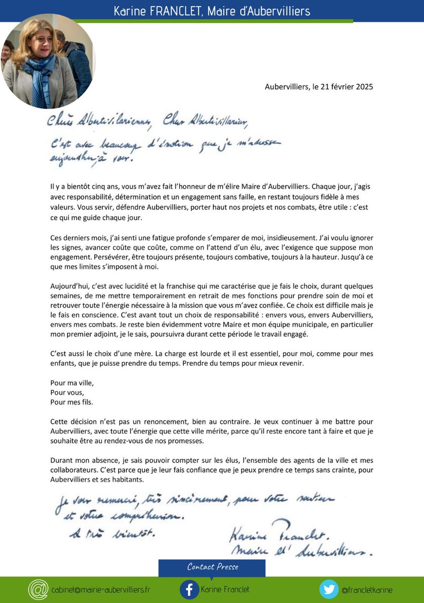 « Je pars quelque temps pour mieux revenir » : briser le tabou de la santé mentale des élus.

Aujourd’hui, je m’adresse à vous à travers une lettre ouverte.

⏩️ lefigaro.fr/politique/je-p…