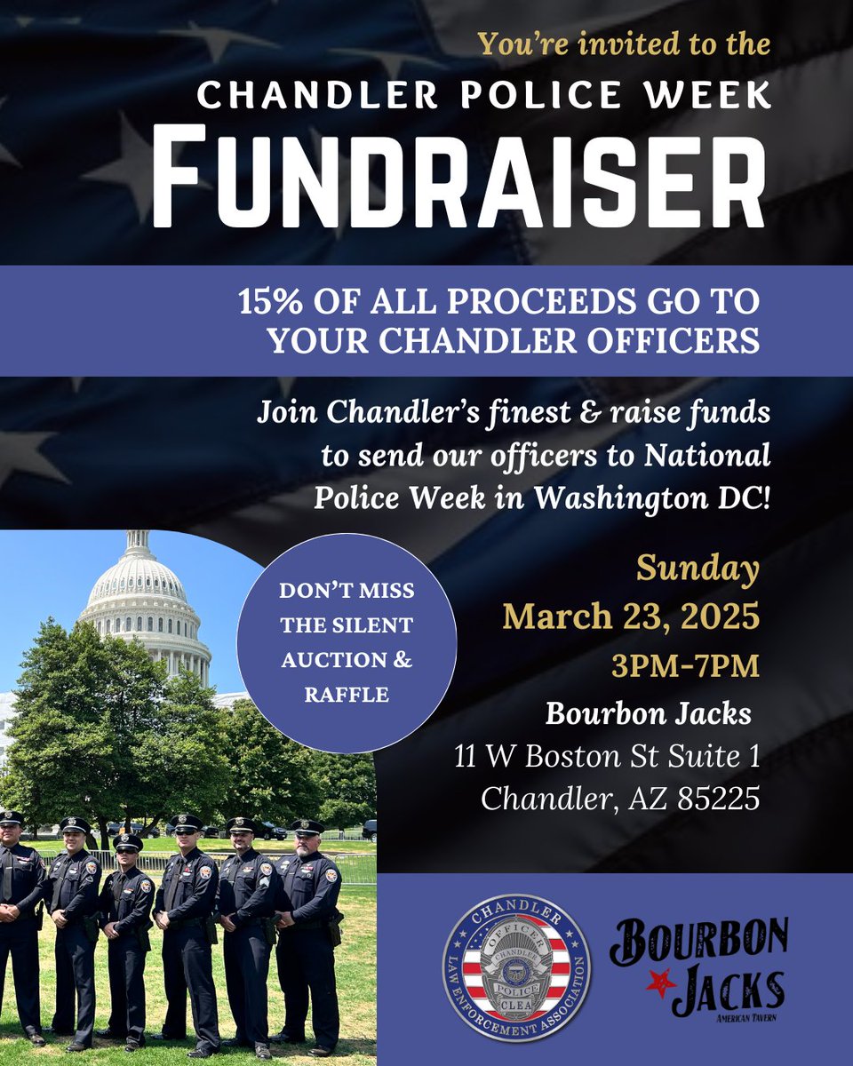 Help us raise money to send more of our deserving officers to Washington D.C. to honor Chandler and America’s fallen heroes at National Police Week this May!
We are partnering with Bourbon Jacks who is donating 15% of all proceeds to our charity!  on March 23rd.