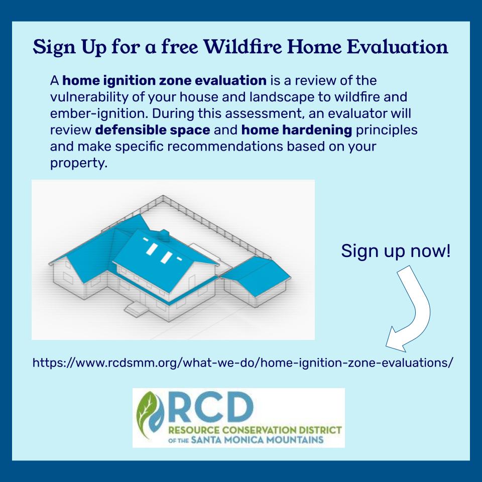 Have u heard of a Home Ignition Zone Evaluation?🤔 During the evaluation a member of our team will review the vulnerability of your home/landscape &amp; offer recommendations for increasing the resilience of your property to wildfire. Sign up today at rcdsmm.org/what-we-do/hom…