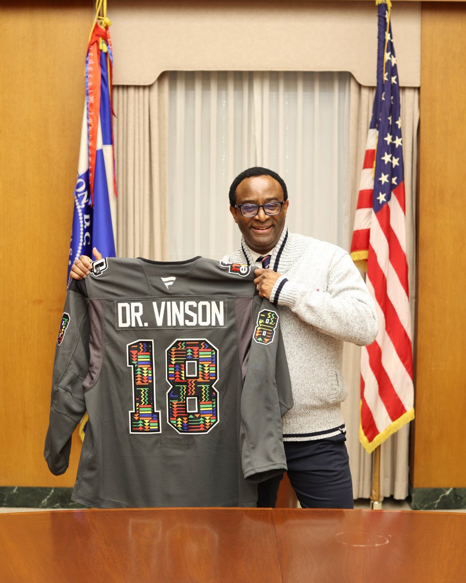 HowardU's tweet photo. We’d like to give a huge thank you to the @Capitals for gifting @huprez18  this custom-made jersey!

This jersey is a collaboration between the team and the Museum DC, and celebrates Black History Month as well as the team’s commitment to the DMV community.

And we’d like to give a big shoutout to everyone at @MSE for hosting Howard University students and helping to raise awareness of the impact Black people have made and continue to make in the sport and on the ice.