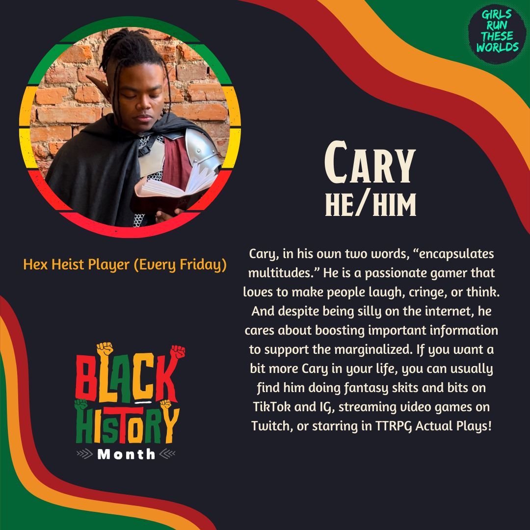 GirlsRunWorlds's tweet photo. Today's Spotlight: @oathbreakercary

Cary is an incredible performer, engaging streamer, passionate activist, and all around excellent person. You can find him in plenty of content, including tonight and next week on Hex Heist! Drop him a follow and put him in all the things! https://t.co/lY8FlQOPym
